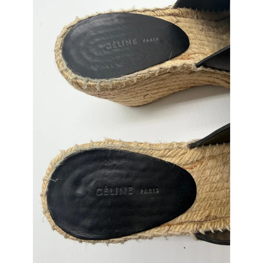 Celine Espadrille Wedge Sandals Womens 8 Black Leather Jute Platform Heel